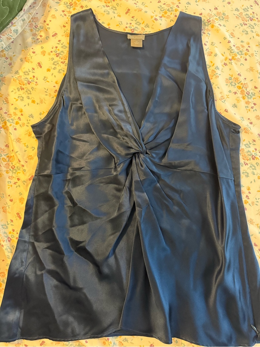 Ann Taylor Navy Satin Twist-Front Tank